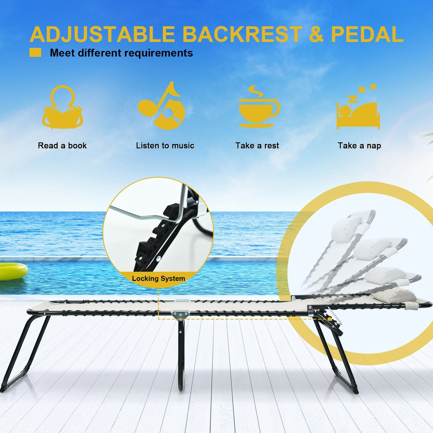 Gymax Folding Beach Lounger Chaise Lounge Chair w/ Pillow 4-Level