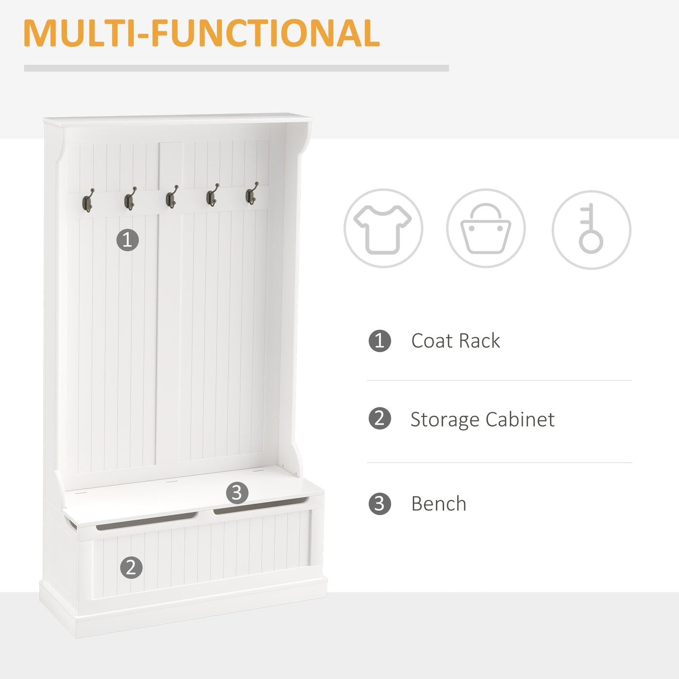 HOMCOM 71 3-In-1 Hall Tree Storage Bench and Coat Rack with 5 Steel Double Hooks, and Anti-Topple Anchor for Entryway