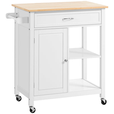 HOMCOM Kitchen Trolley, Wood Top Utility Cart on Wheels with Open Shelf and Storage Drawer for Dining Room, Kitchen