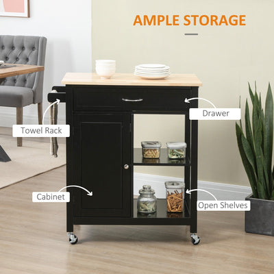 HOMCOM Kitchen Trolley, Wood Top Utility Cart on Wheels with Open Shelf and Storage Drawer for Dining Room, Kitchen