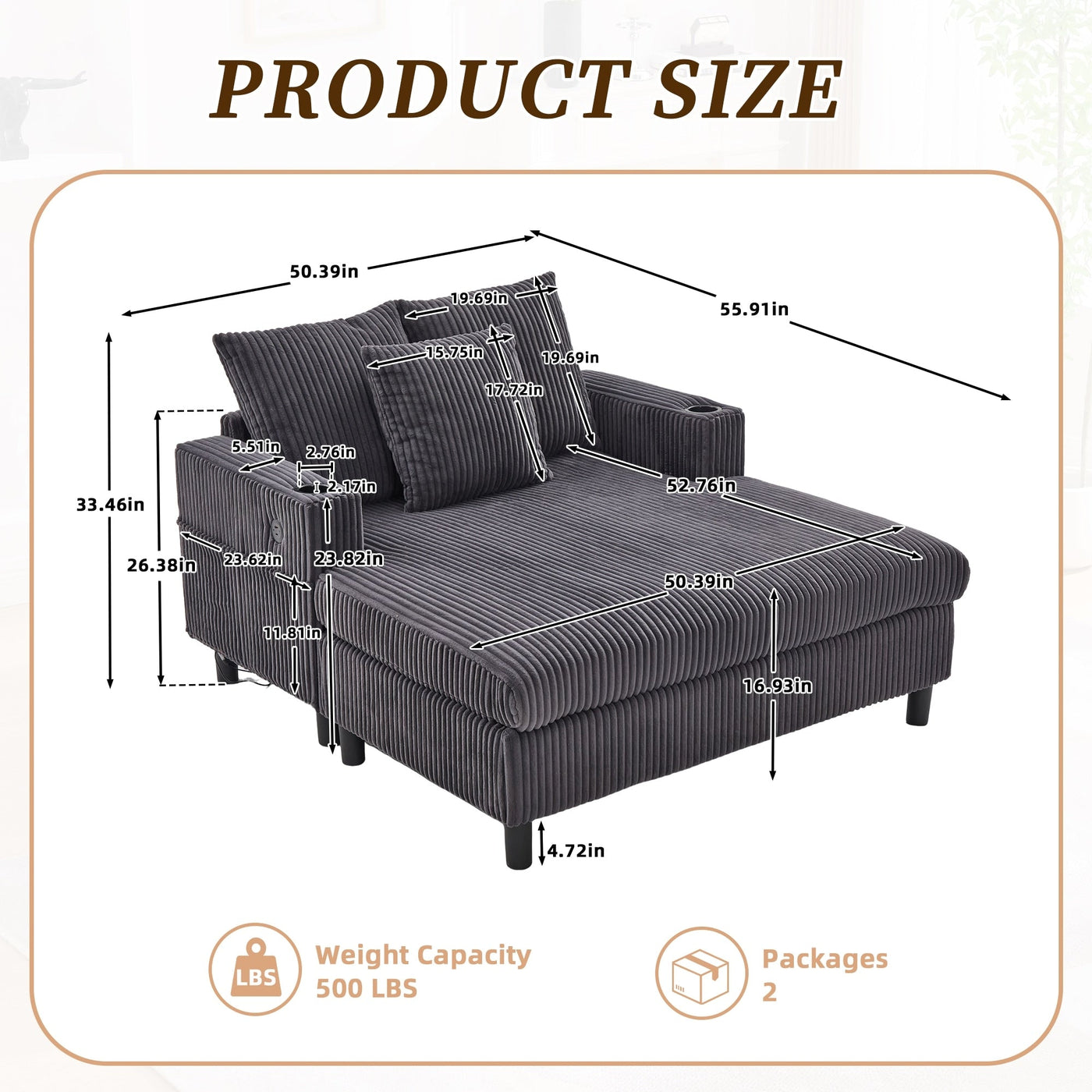 HOMEFUN Corduroy Upholstered Oversized RGB LED Light Recliner Sofa Bed with Cup Holder,USB&3 Pillows