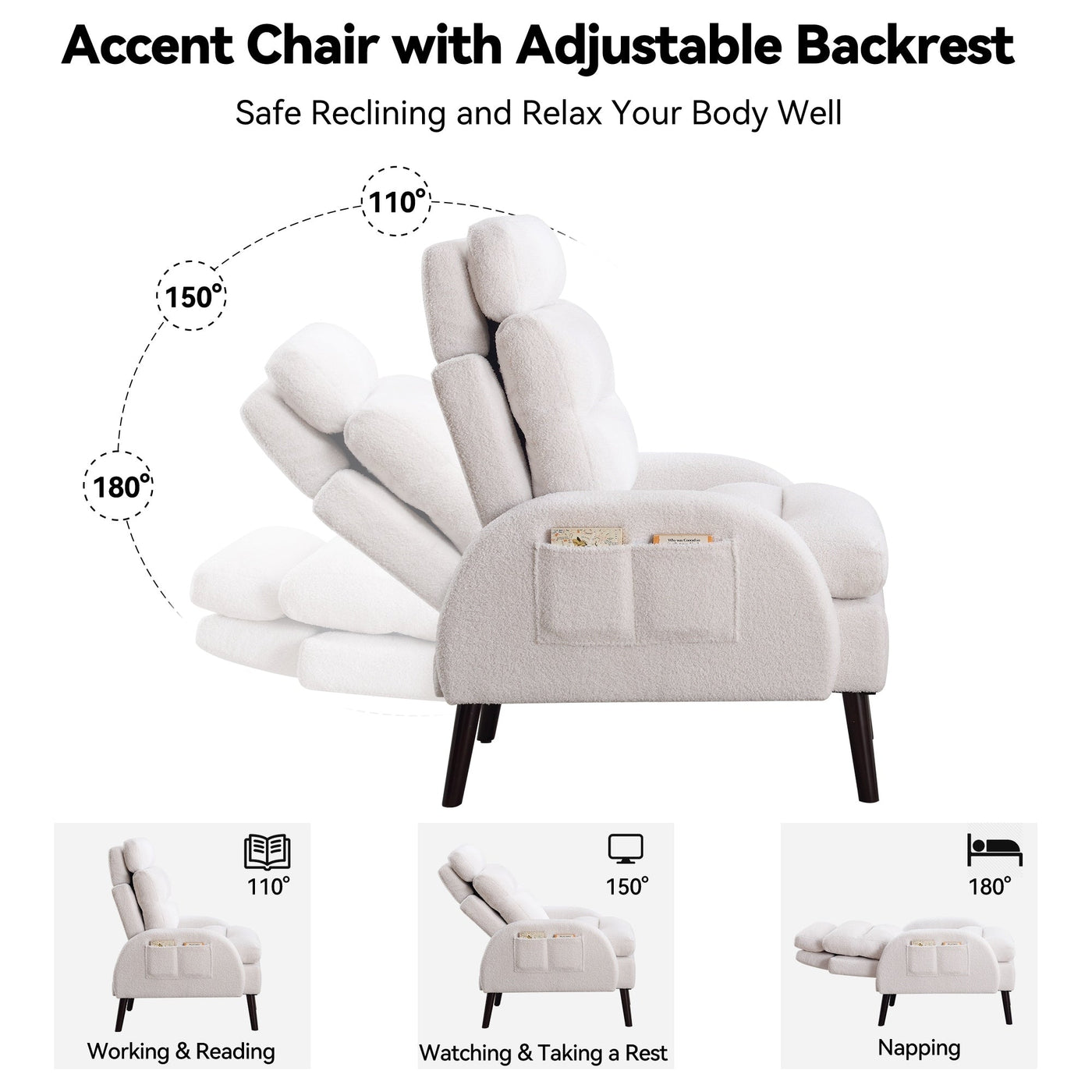 HOMYKA Accent Lounge Chair with Adjustable Backrest Storage Ottoman