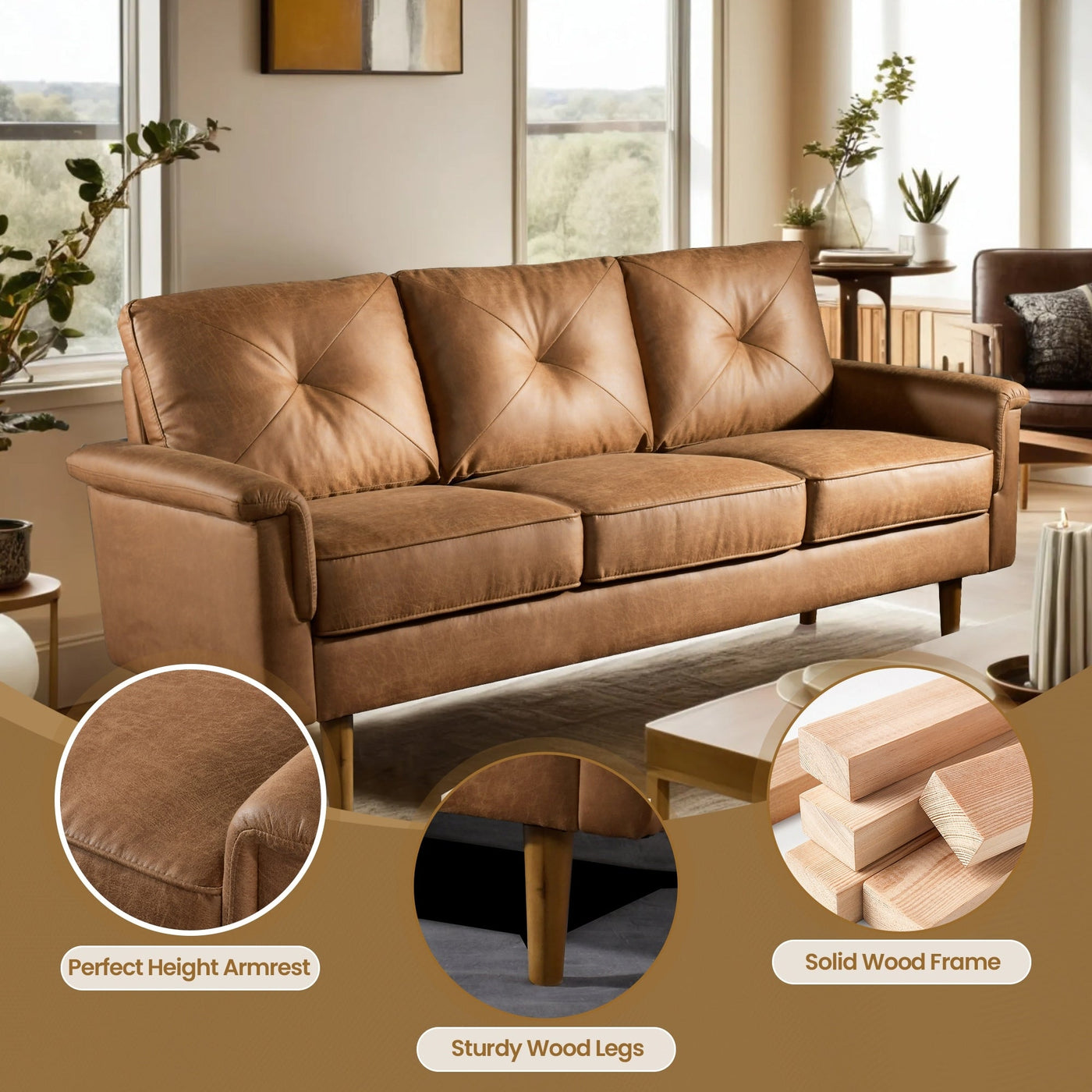 HOOOWOOO Mid-Century 3-Seat Upholstered Sofa with Wood Legs for Living Room