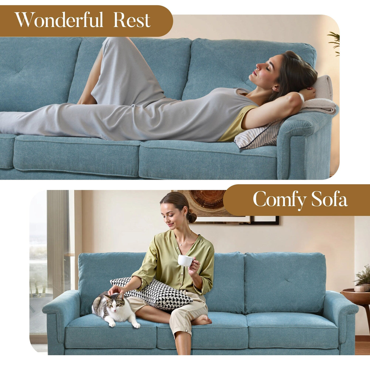 HOOOWOOO Mid-Century 3-Seat Upholstered Sofa with Wood Legs for Living Room