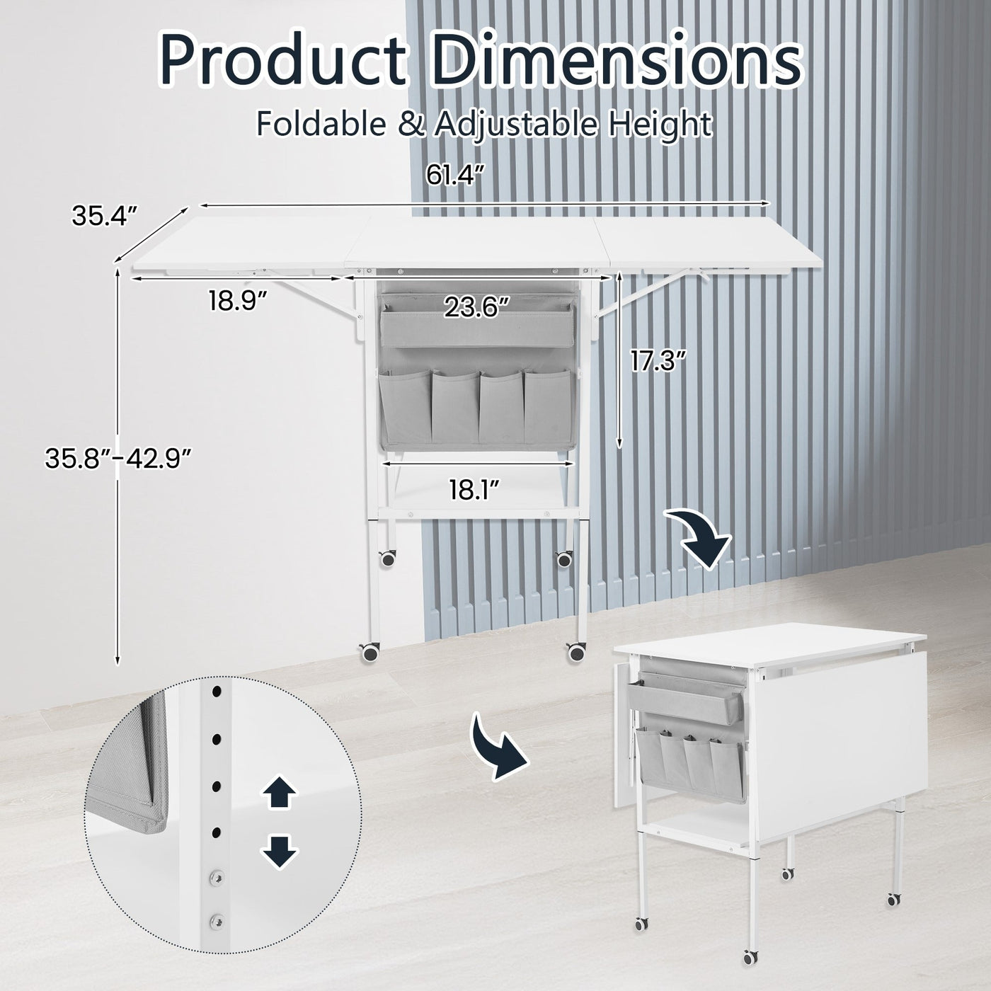 Height Adjustable Craft Table with Storage Shelves, Mobile Folding Cutting Table for Home Office Sewing Room Craft Room