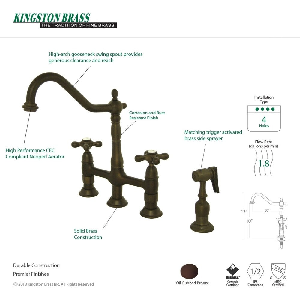 Kingston Brass Heritage Bridge Kitchen Faucet with Brass Sprayer