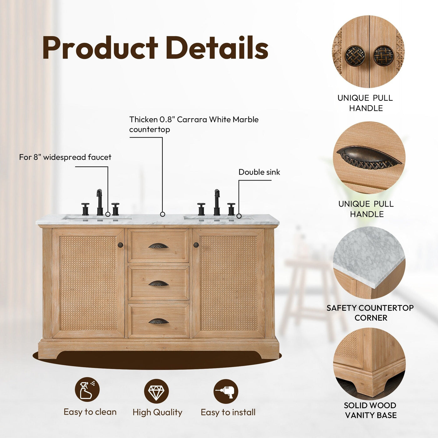 Hervas Bath Vanity with Natural Marble Top without Mirror