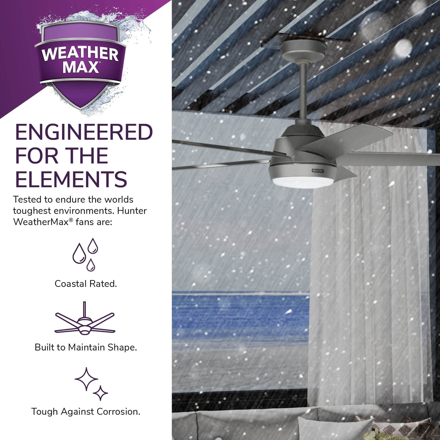 Hunter 52 Skyflow Outdoor Ceiling Fan w/ LED Light Kit, Wall Control - Coastal Modern Contemporary - WeatherMax - WET-RATED!