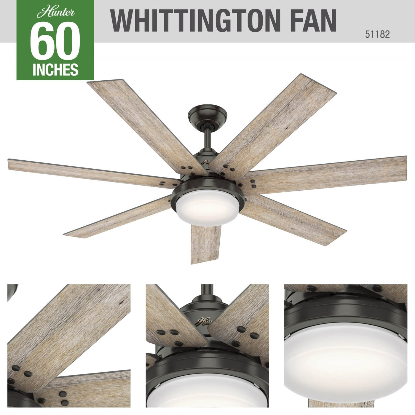 Hunter WiFi Whittington Ceiling Fan with LED Light, Handheld Remote - Windmill - Industrial, Farmhouse, Rustic - SMART FAN!