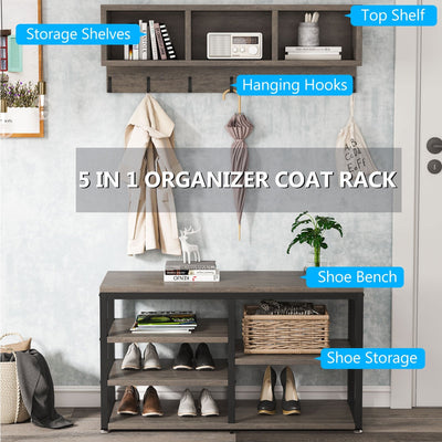 Entryway Coat Rack Shoe Bench Set, Industrial Hall Tree Coat Shoe Rack