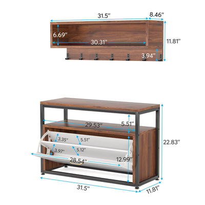 Entryway Coat Rack Shoe Bench Set, Industrial Hall Tree Coat Shoe Rack