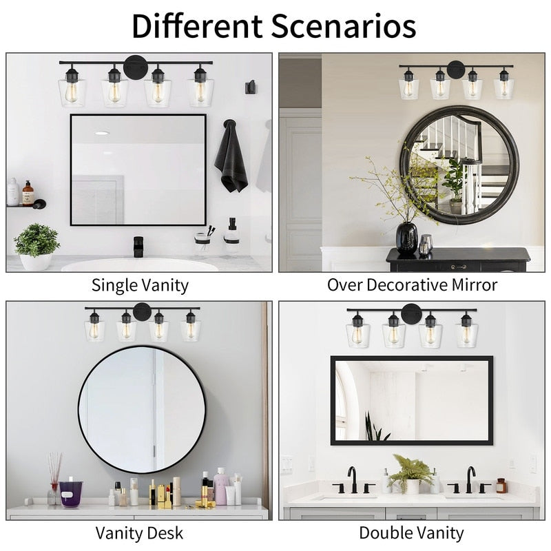 KAWOTI 4-Light Dimmable Metal Bathroom Vanity Light with Glass Shade