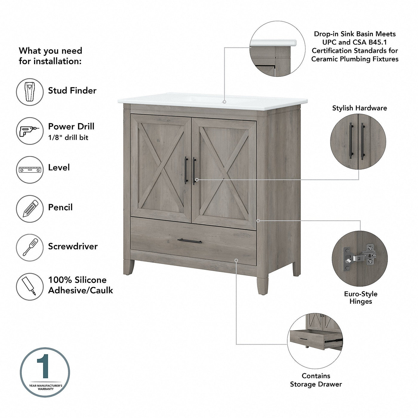 Key West 32W Bathroom Vanity with Sink by Bush Furniture