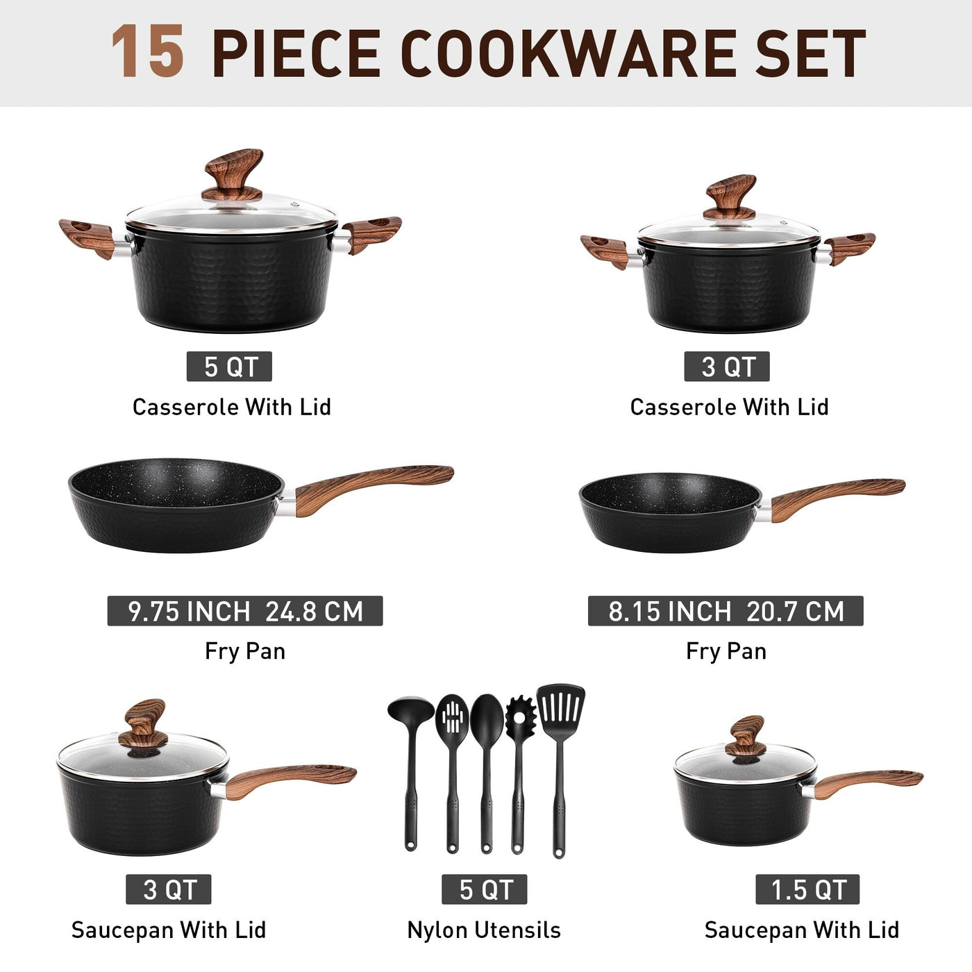 Kitchen Academy 15-piece Nonstick Granite-coated Cookware Set