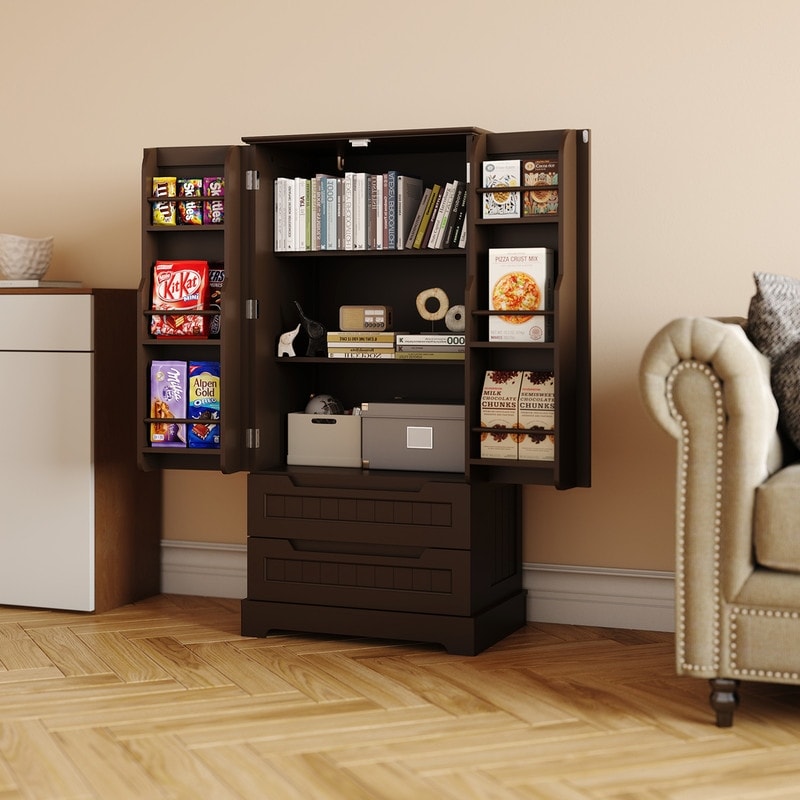 Kitchen Storage Pantry Cabinet, Freestanding Bathroom Storage Cabinet with 2 Doors and Drawers