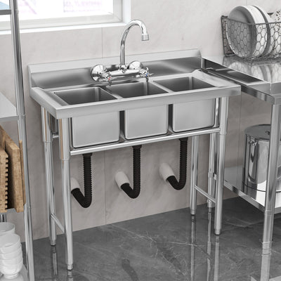 Kitchen Sink Stainless Steel Compartment Bowl Freestanding Commercial Sink