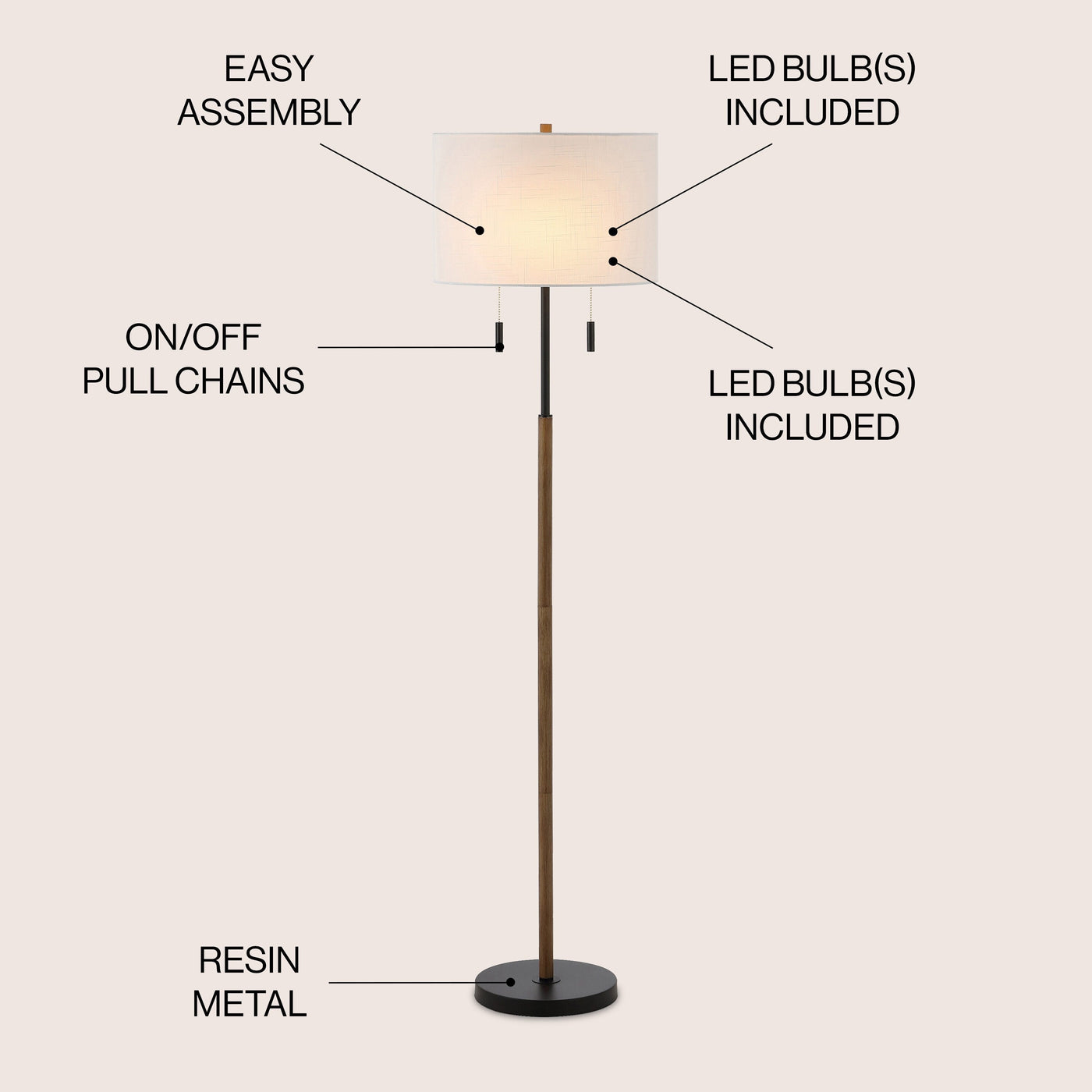 Koda 61 Rustic Farmhouse Iron Candlestick Pull Chains LED Floor Lamp, Brown Wood Finish/Black by JONATHAN Y