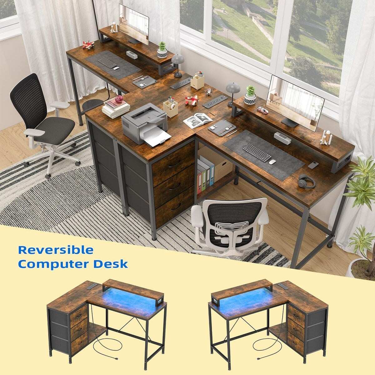 L Shaped Desk with Power Outlets & LED Lights