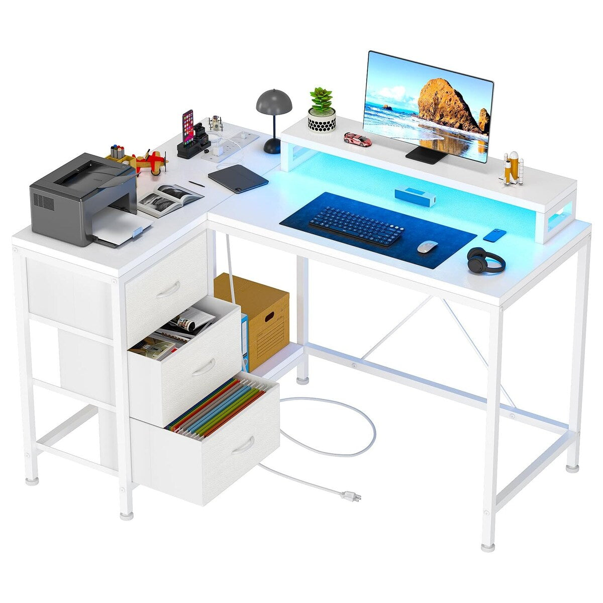 L Shaped Desk with Power Outlets & LED Lights