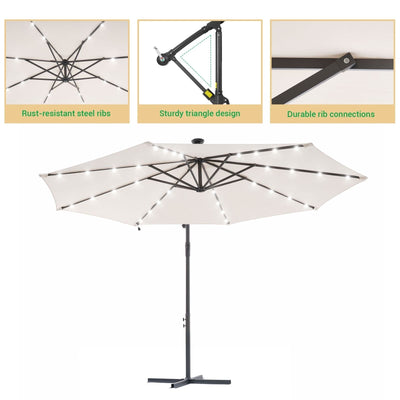 LIVOOSUN 10ft LED Patio Offset Umbrella With Cross Base