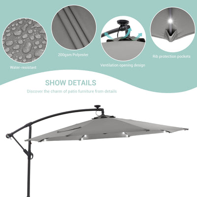 LIVOOSUN 10ft LED Patio Offset Umbrella With Cross Base