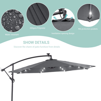 LIVOOSUN 10ft LED Patio Offset Umbrella With Cross Base