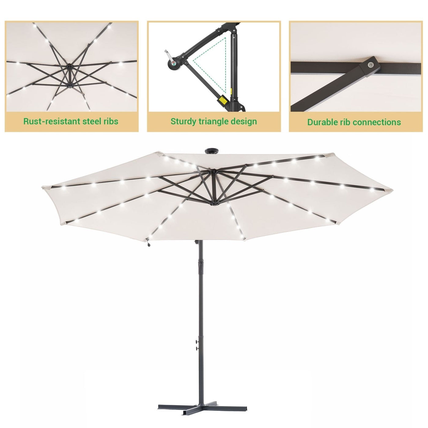 LIVOOSUN 10ft LED Patio Offset Umbrella With Cross Base