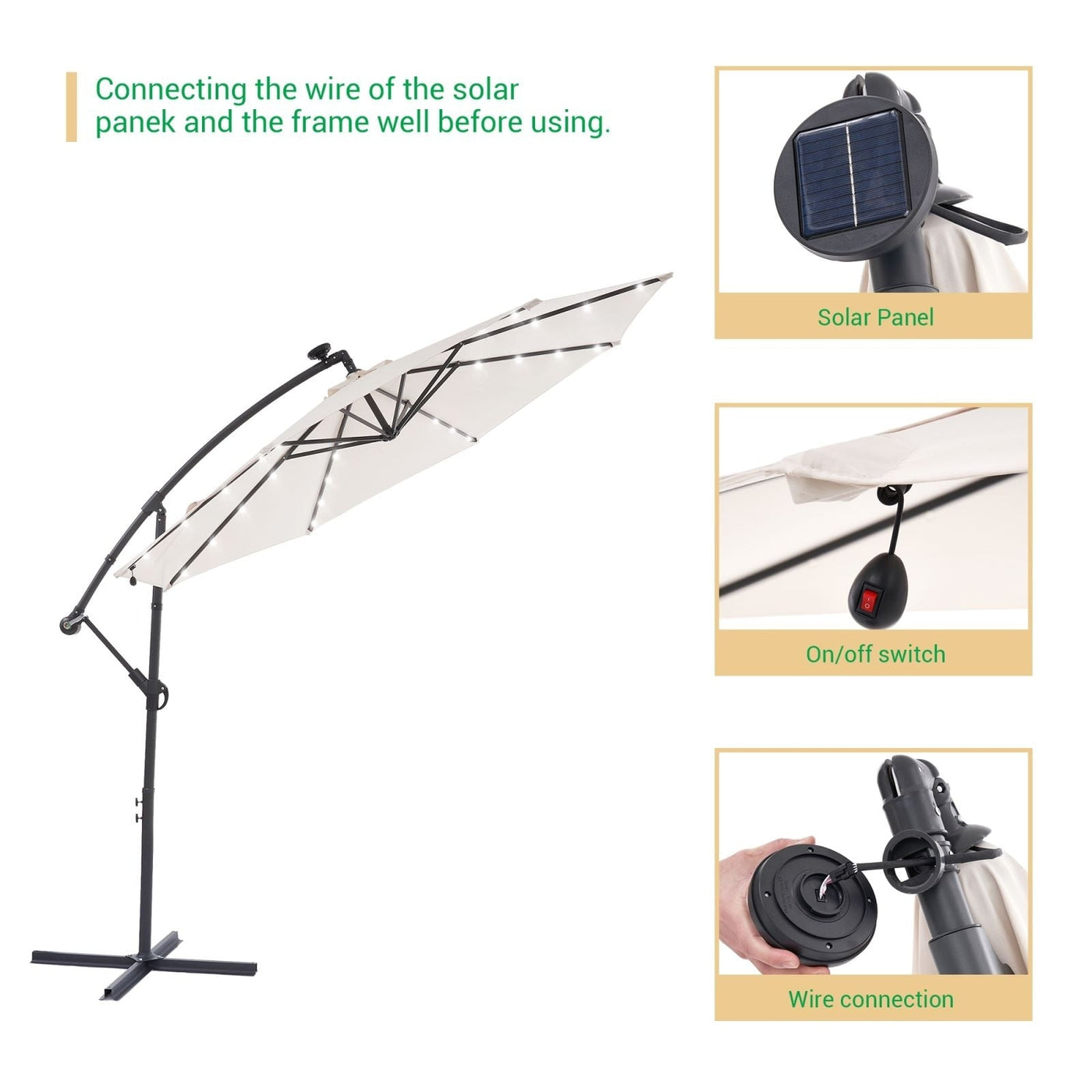 LIVOOSUN 10ft LED Patio Offset Umbrella With Cross Base