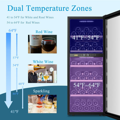 Lanbo 20-Inch 64 Bottle Dual Zone Freestanding Wine Cooler, Stainless Steel Trimmed Glass Door With Two Safety Lock