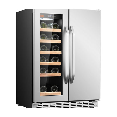 Lanbo 24 Inch Dual Zone 18 Bottle Wine and 55 Can Beverage Cooler, Stainless Steel and Glass with French Door