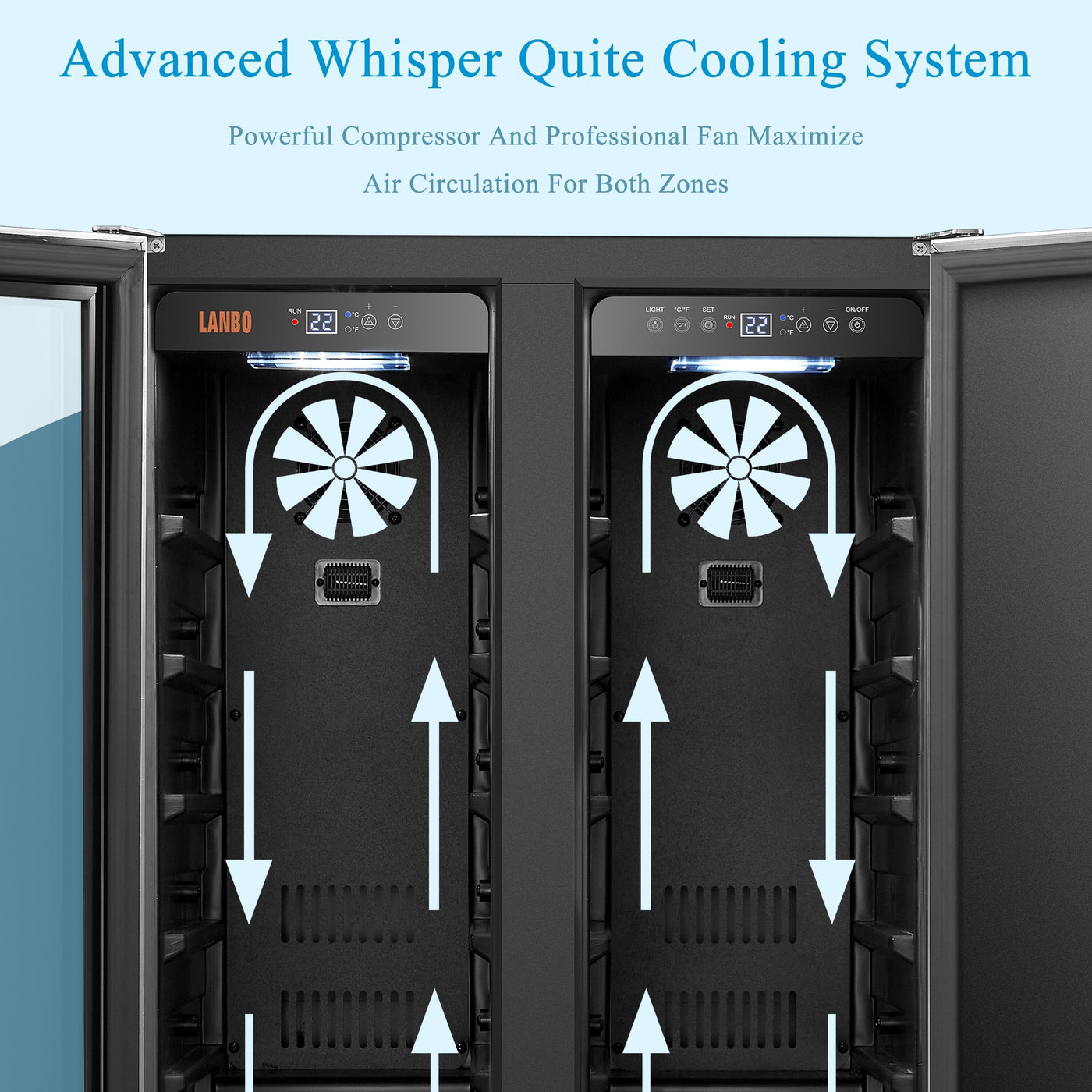 Lanbo 24 Inch Dual Zone 18 Bottle Wine and 55 Can Beverage Cooler, Stainless Steel and Glass with French Door