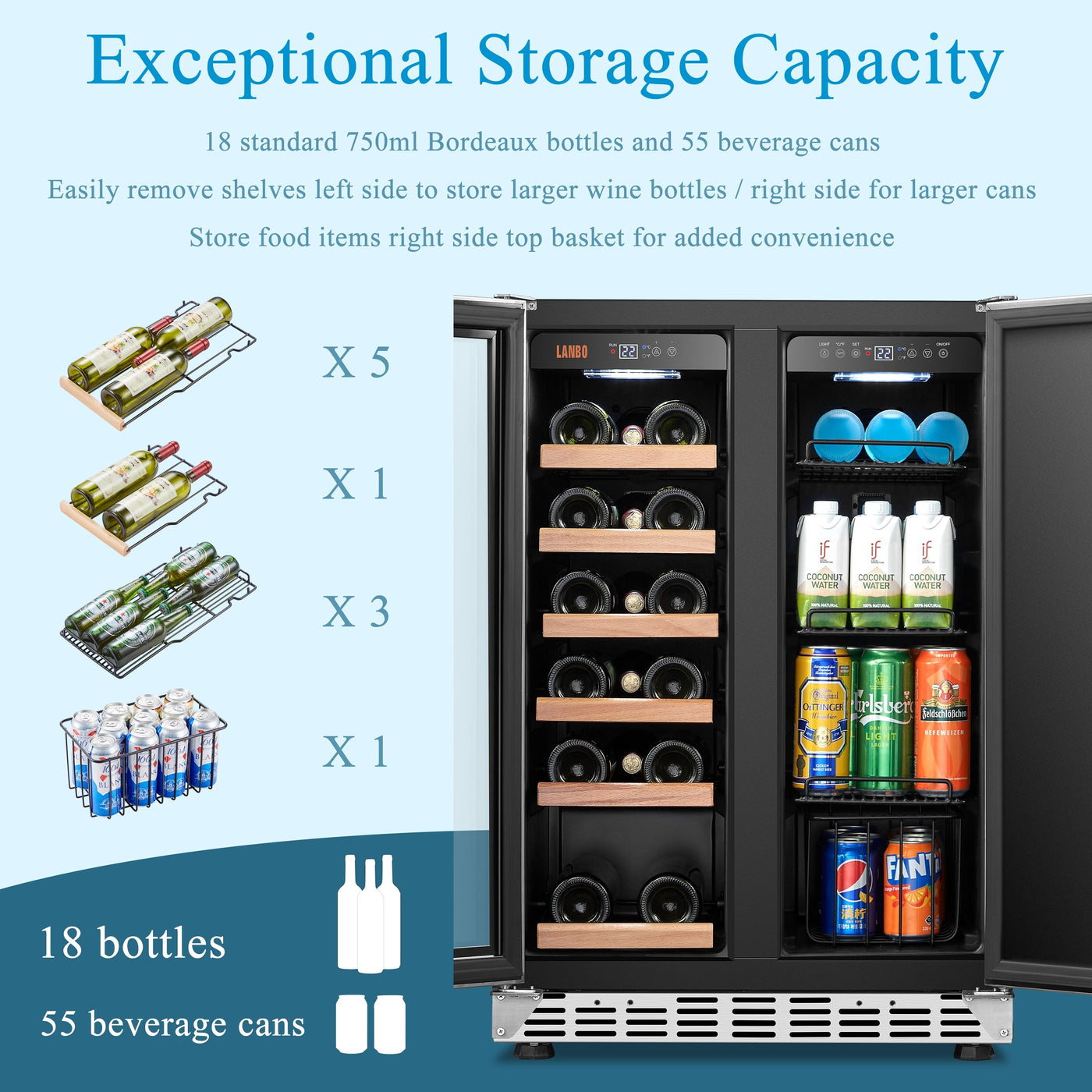 Lanbo 24 Inch Dual Zone 18 Bottle Wine and 55 Can Beverage Cooler, Stainless Steel and Glass with French Door