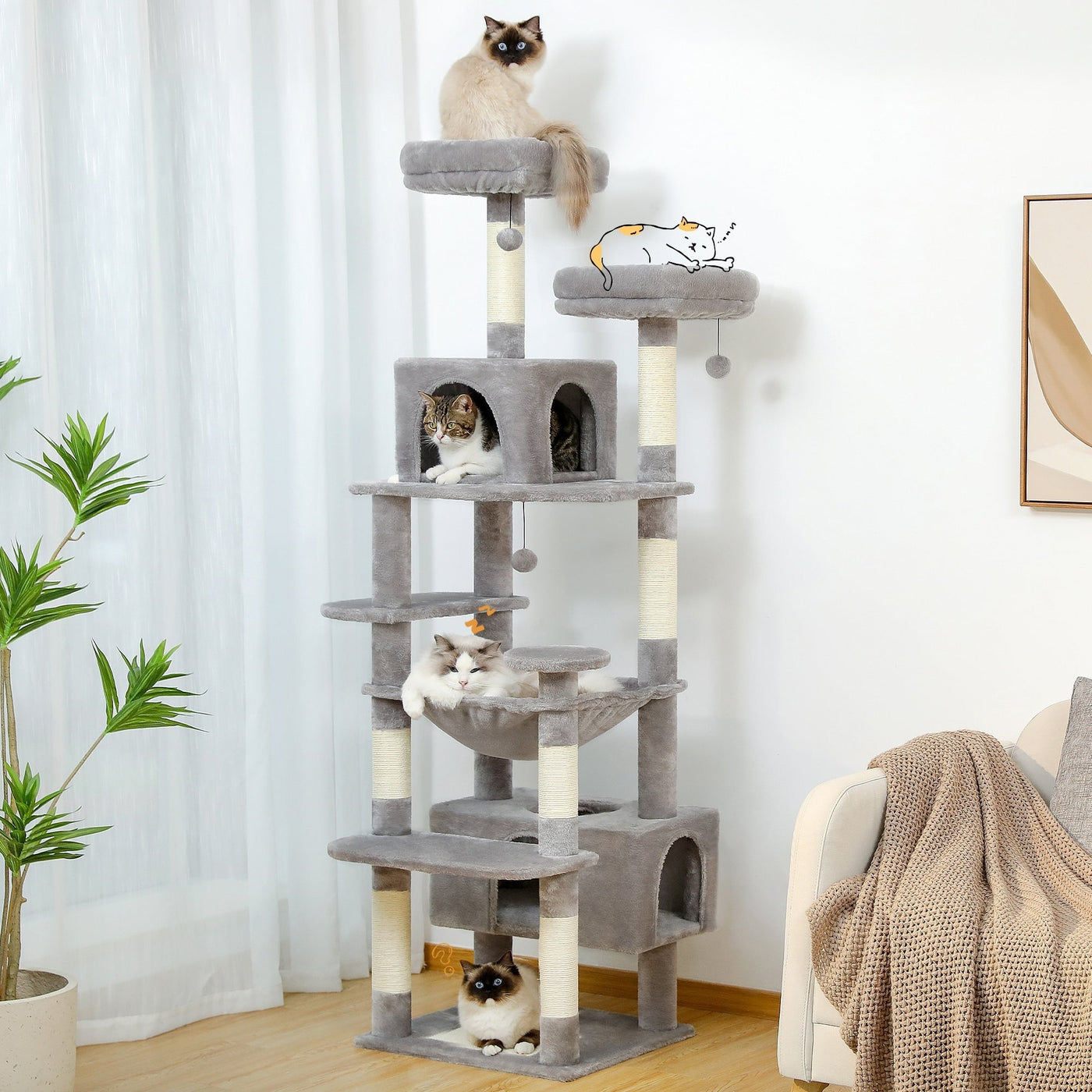 Large Cat Tower Cat Condo with Scratching Posts and Pads, 2 Padded Perch, Dual Condo and Basket