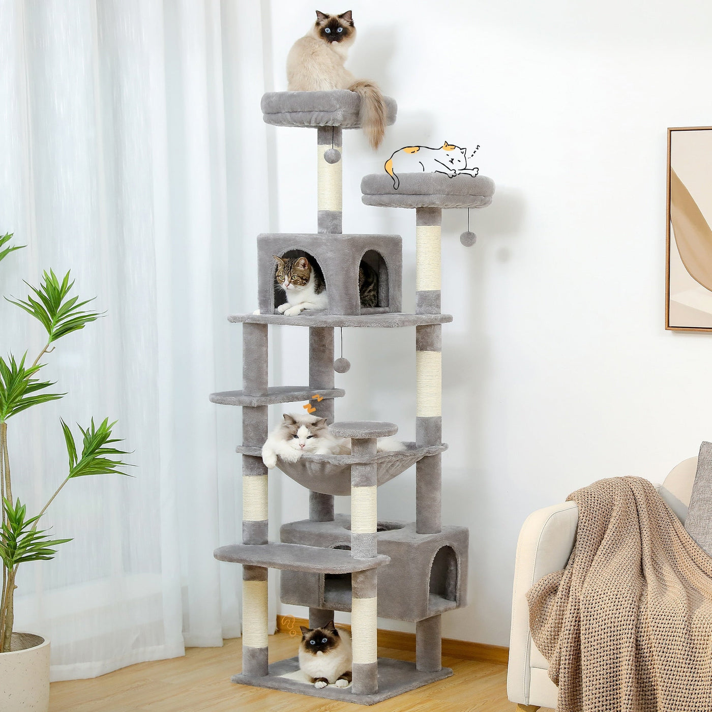 Large Cat Tower Cat Condo with Scratching Posts and Pads, 2 Padded Perch, Dual Condo and Basket