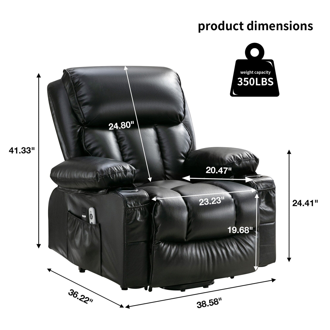 Large Power Lift Recliner Chair with Heat and 8-Point Massage - Remote Control, USB Port