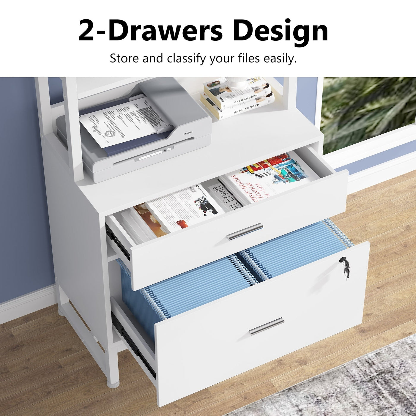 File Cabinet with 2 Drawer, Modern Filing Cabinet Printer Stand with Lock