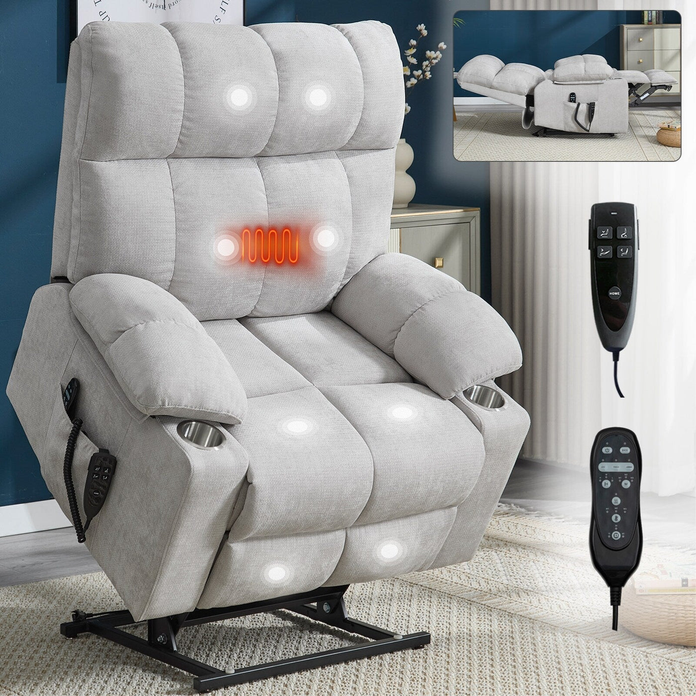 Lazy Boy Dual Motor Chenille Power Lift Recliner w/Massage and Lumbar Heating, Dual Cup Holders, Grey-Blue