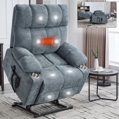 Lazy Boy Dual Motor Chenille Power Lift Recliner w/Massage and Lumbar Heating, Dual Cup Holders, Grey-Blue