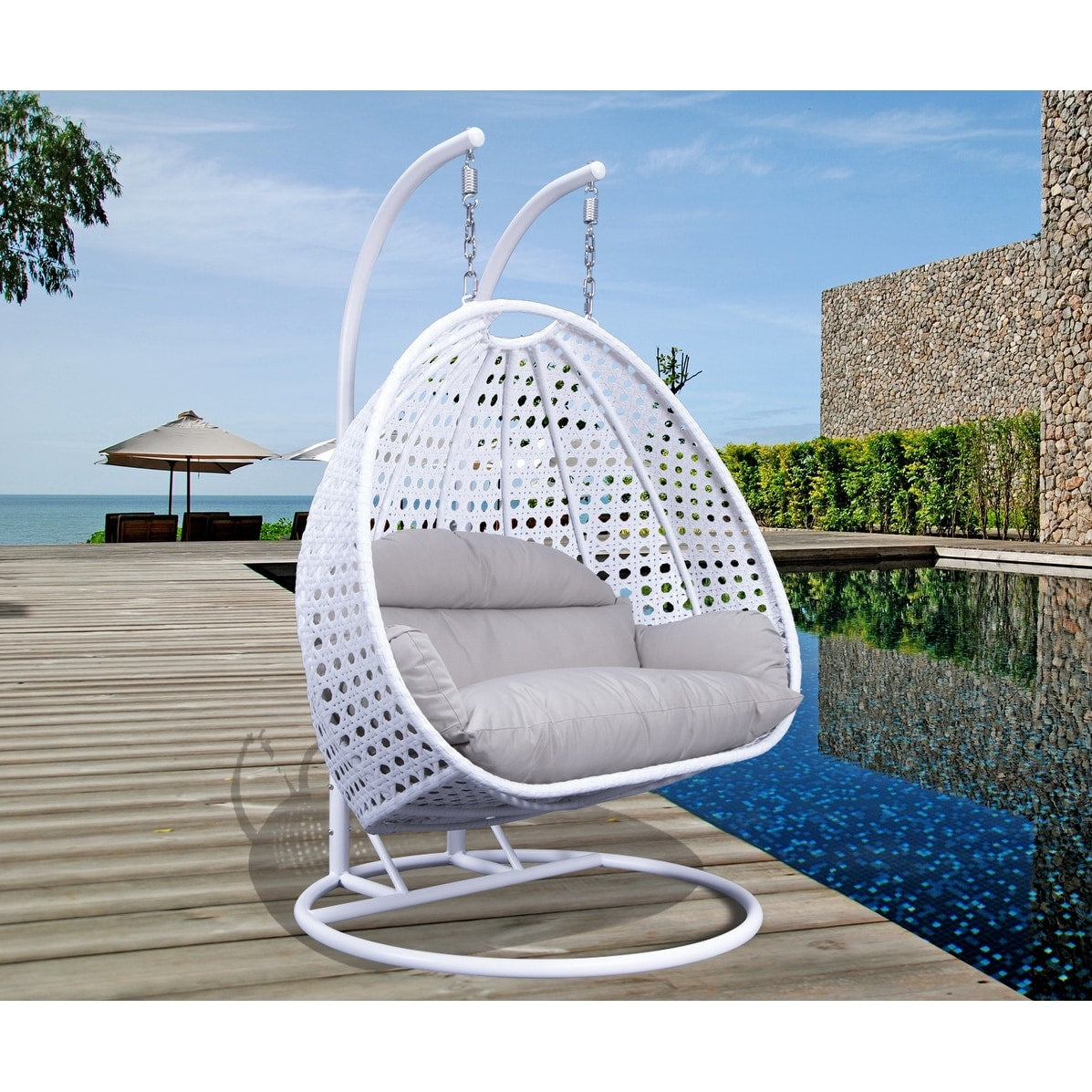 LeisureMod 2 Person Hanging Egg Chair with Stand - Outdoor/Indoor Rattan Wicker Patio Swing Hammock Lounger with Cushions