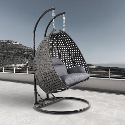LeisureMod 2 Person Hanging Egg Chair with Stand - Outdoor/Indoor Rattan Wicker Patio Swing Hammock Lounger with Cushions
