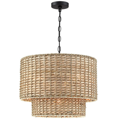 Lennie 20 in. 4-Light Rattan Tiered Drum Chandelier Light with Black Canopy - 20 in. W - 20 in. W