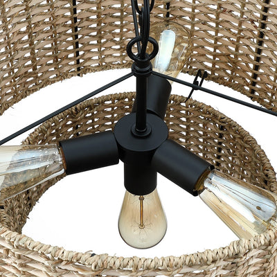 Lennie 20 in. 4-Light Rattan Tiered Drum Chandelier Light with Black Canopy - 20 in. W - 20 in. W