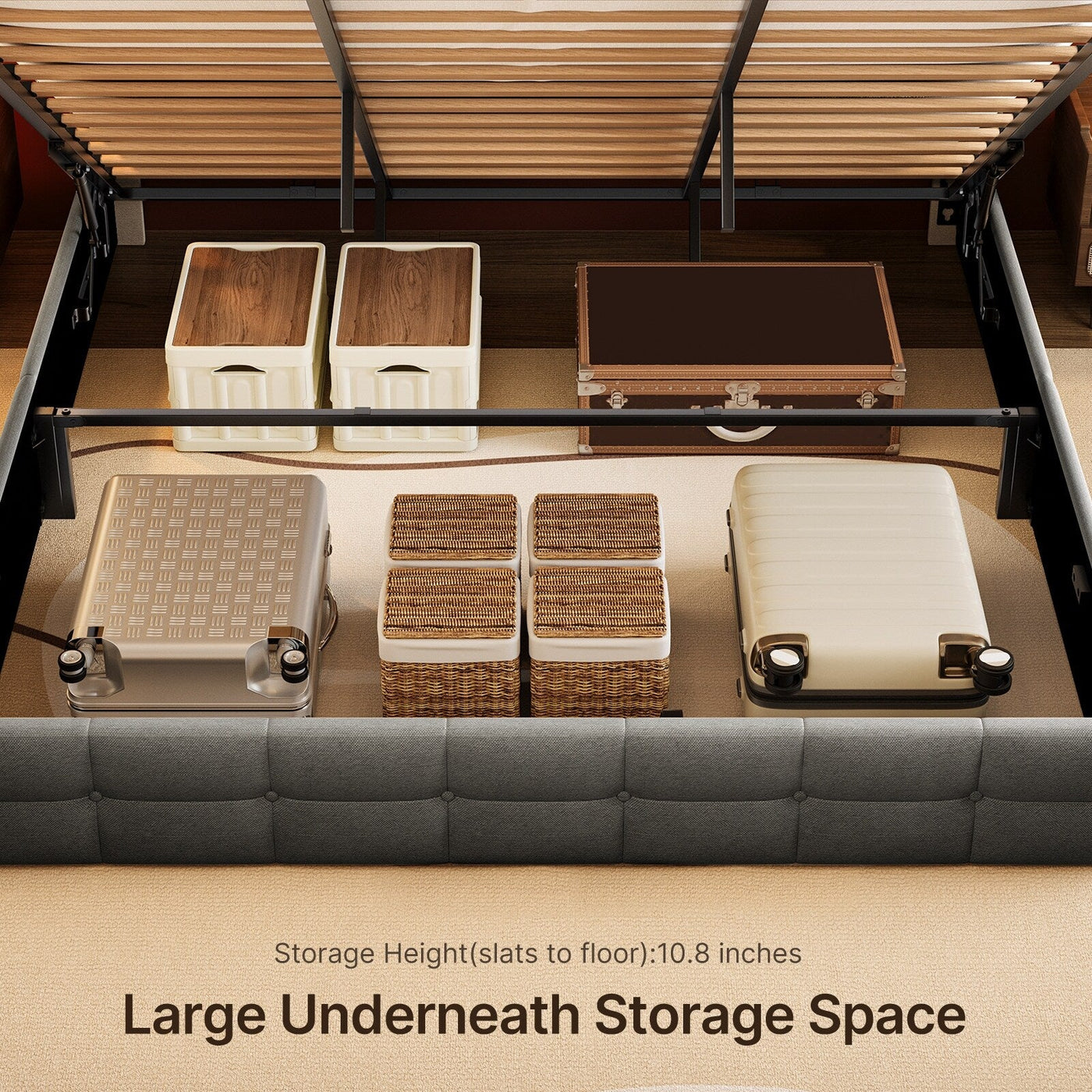 Lift Up Storage Bed Frame, Upholstered Platform Bed Frame with Hydraulic Storage System and Headboard