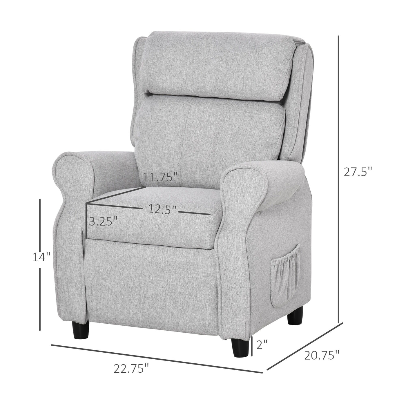 Light Grey Kids Children Upholstered Manual Recliner for 3-5 Years with Footrest and 2 Side Pockets