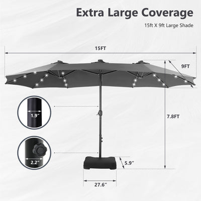 MAISON ARTS 15-foot Rectangular Crank Double-sided Outdoor Market Umbrella Solar LED Lighted Patio Umbrella with Base Included