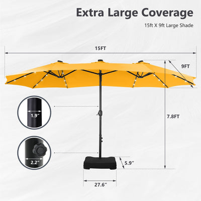 MAISON ARTS 15-foot Rectangular Crank Double-sided Outdoor Market Umbrella Solar LED Lighted Patio Umbrella with Base Included