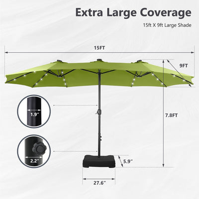 MAISON ARTS 15-foot Rectangular Crank Double-sided Outdoor Market Umbrella Solar LED Lighted Patio Umbrella with Base Included
