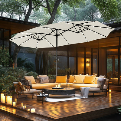 MAISON ARTS 15-foot Rectangular Crank Double-sided Outdoor Market Umbrella Solar LED Lighted Patio Umbrella with Base Included