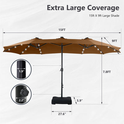 MAISON ARTS 15-foot Rectangular Crank Double-sided Outdoor Market Umbrella Solar LED Lighted Patio Umbrella with Base Included