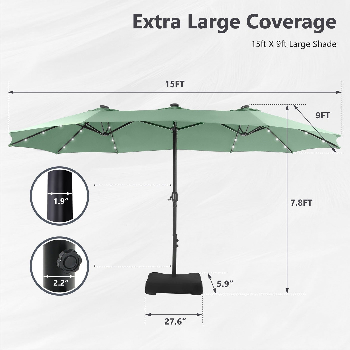 MAISON ARTS 15-foot Rectangular Crank Double-sided Outdoor Market Umbrella Solar LED Lighted Patio Umbrella with Base Included